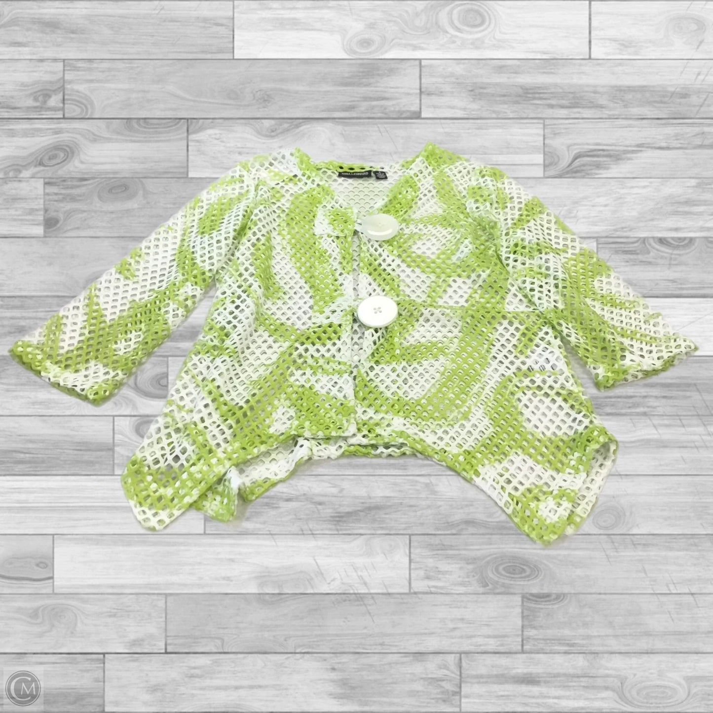 Jacket Shirt By Nina Leonard In Green & White, Size: S