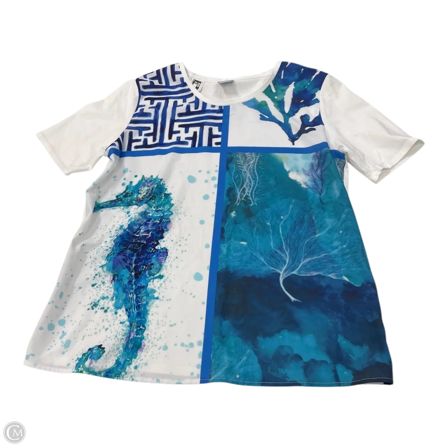 Top Short Sleeve By Chicos In Blue & White